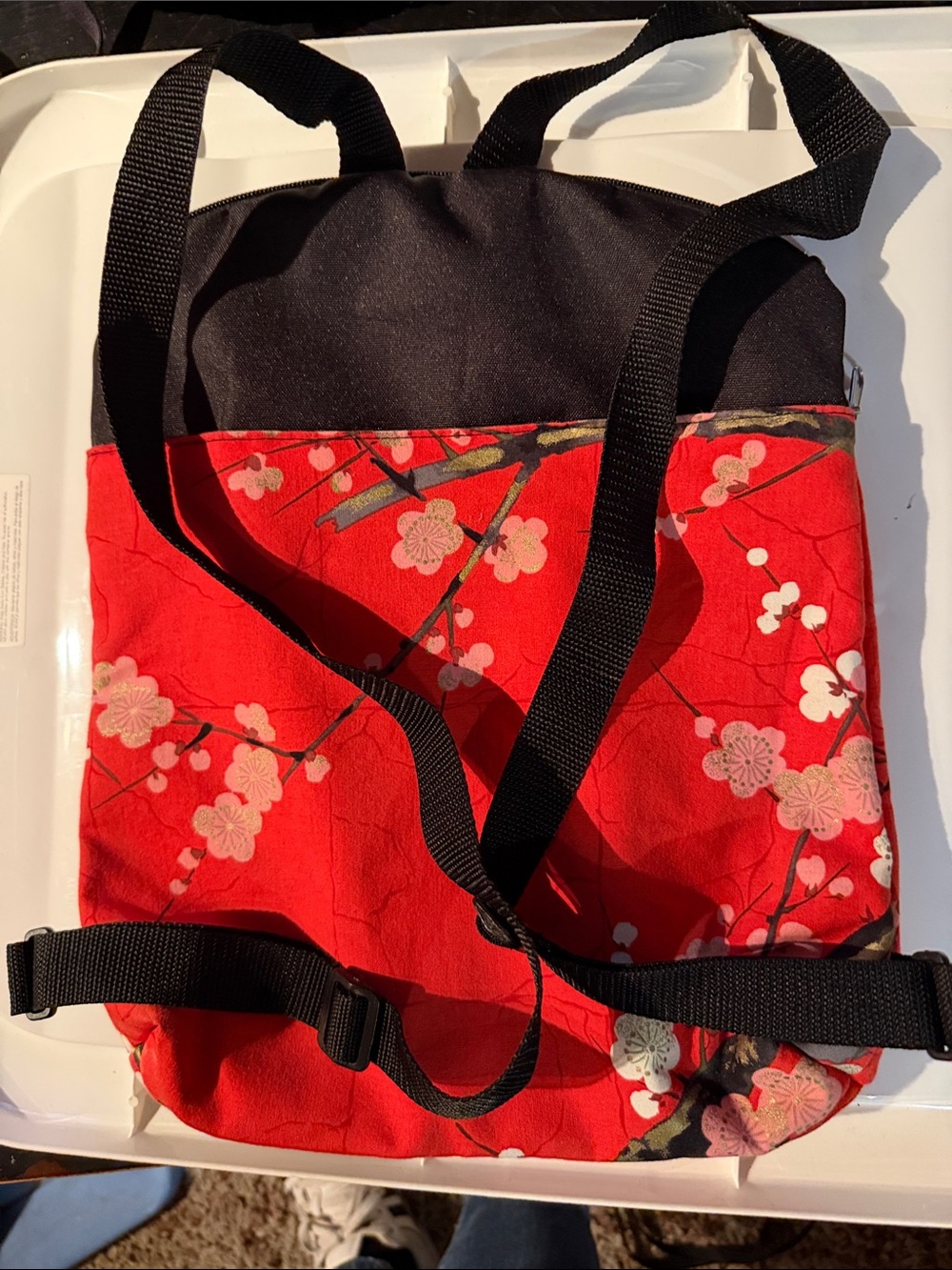 Red Floral Canvas Backpack with Black Accents - Unbranded